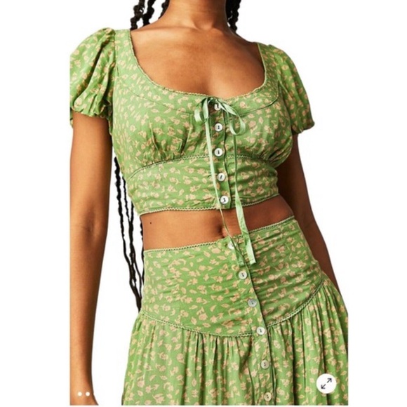 Free People Easy to Love Set Skirt Crop Top Skirt Set Green Floral NWT - Picture 17 of 17